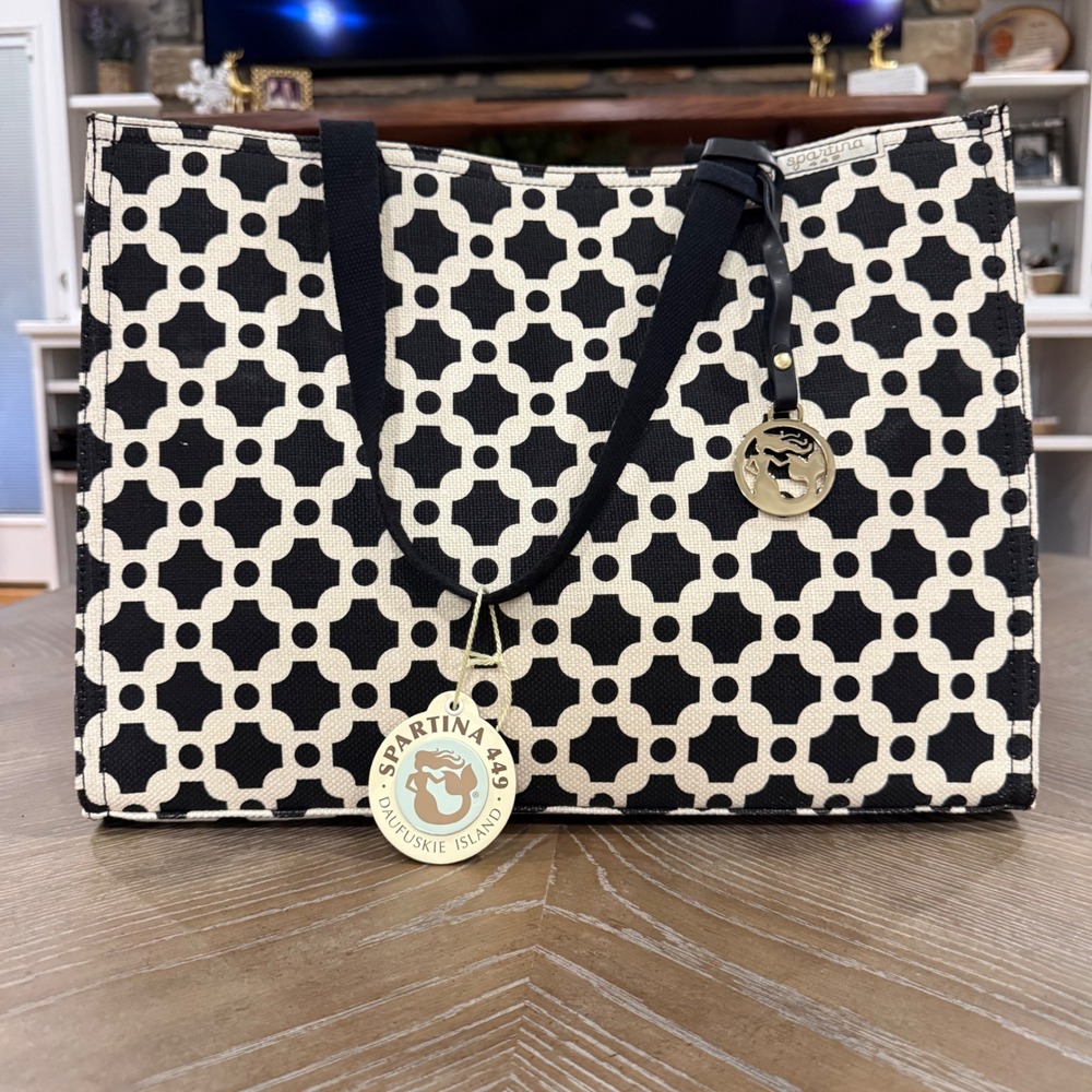Spartina 449‎ May River Onyx Market Tote Black Cream Canvas NWT